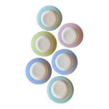 Lot de 6 assiettes creuses vintage, couleurs pastel et détails dorés