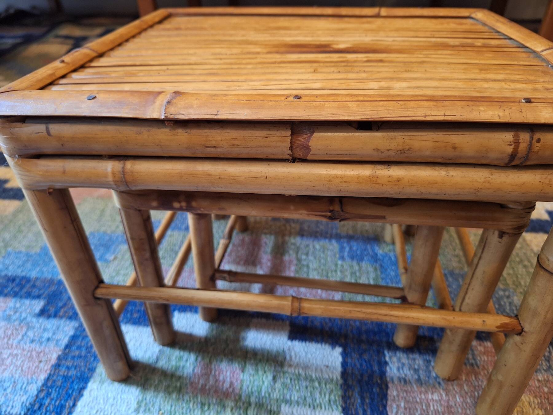 Mid century nest of 3 patinated bamboo tables, 1960s
