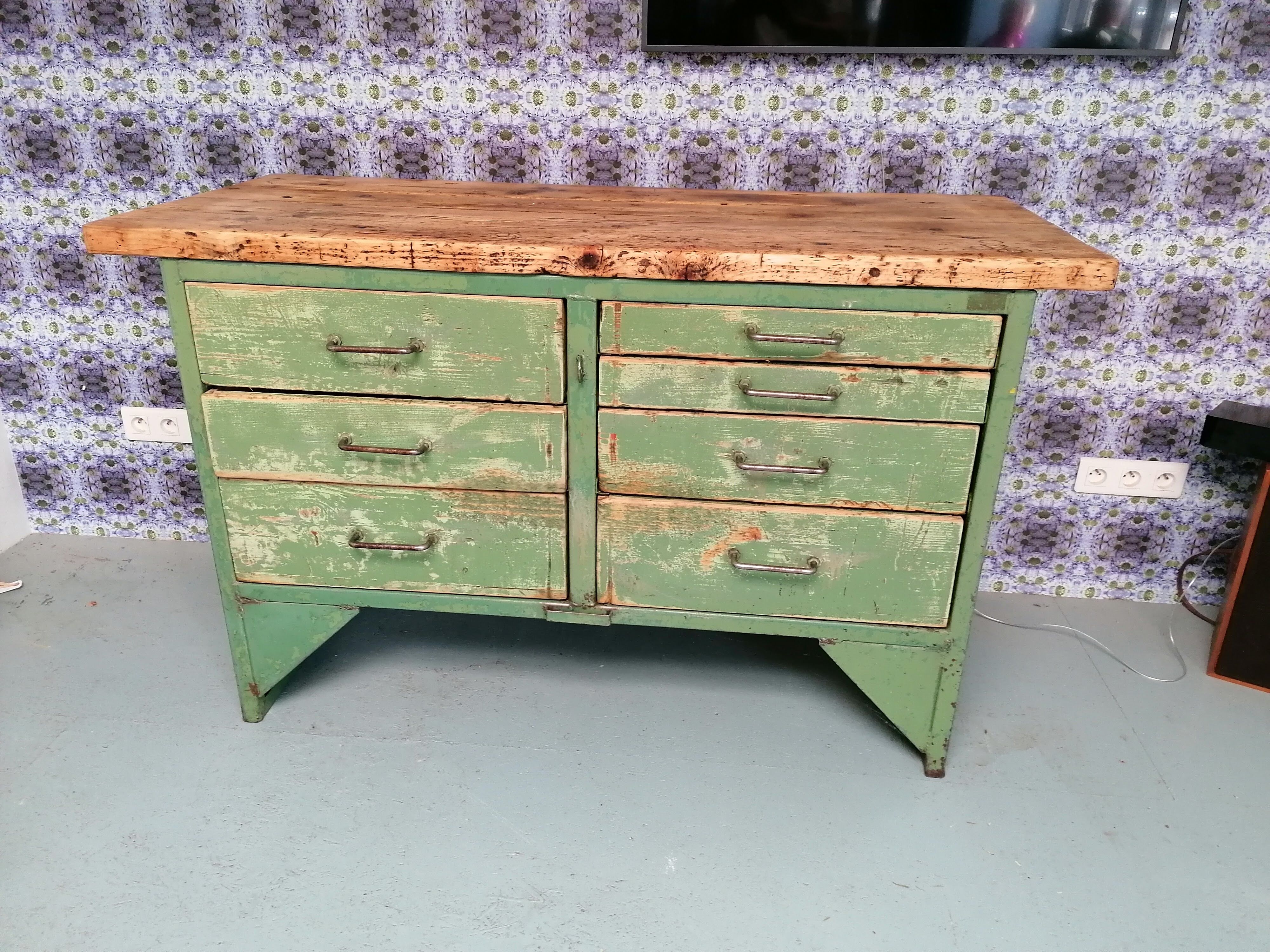 Old wooden garage workbench, industrial vintage.