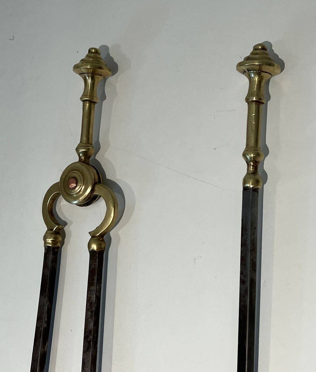 Fire Tool Set in Brass and Brushed Steel with Claw Feet, Attributed to the