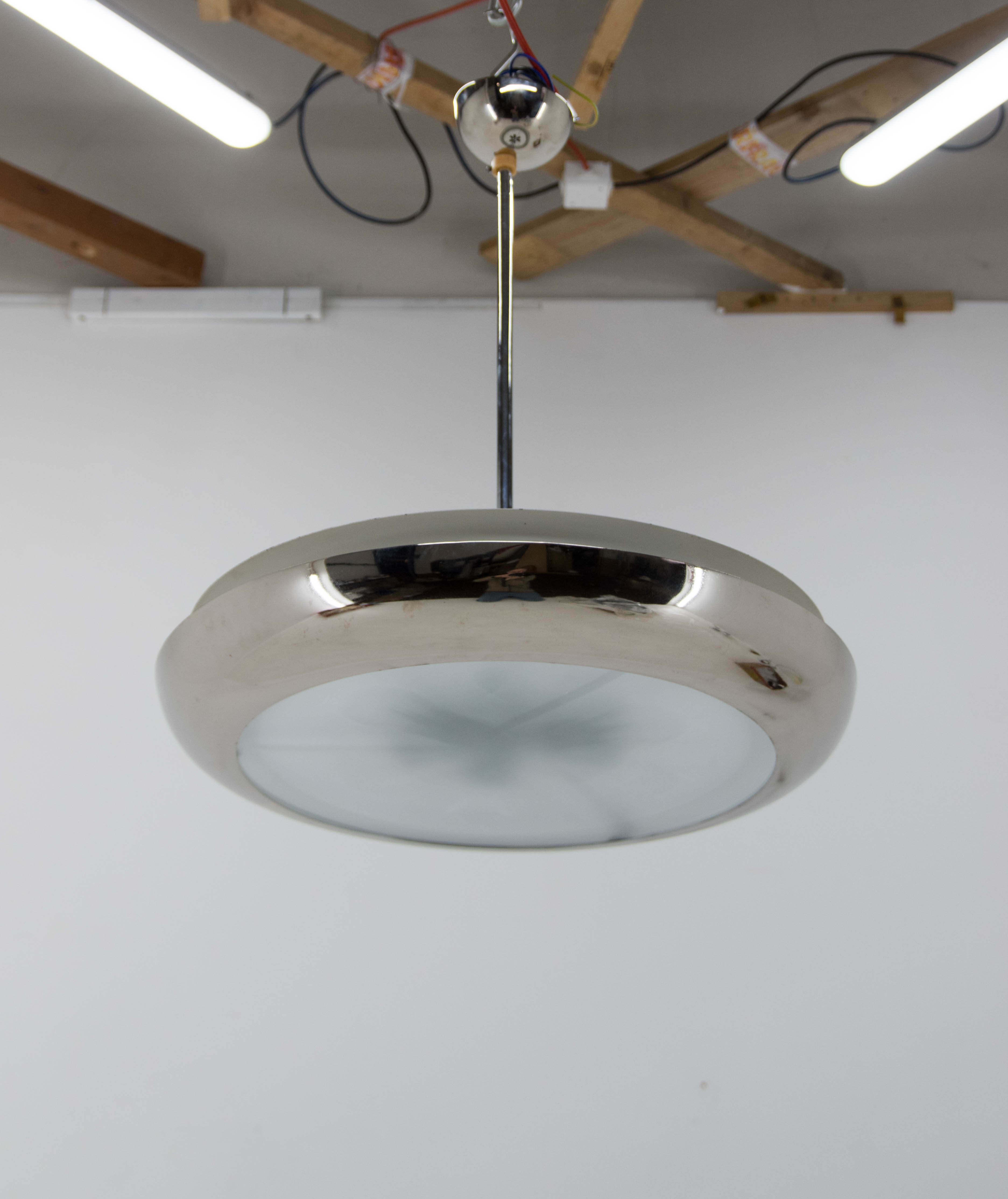 Bauhaus functionalist nickel chandelier UFO, 1930s, restored