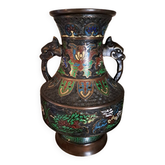 Japanese vase in cloisonné bronze with champlevé enamels