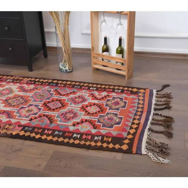 1970s Vintage Turkish Hand-Knotted Wool Cotton Red Runner Rug 94x347