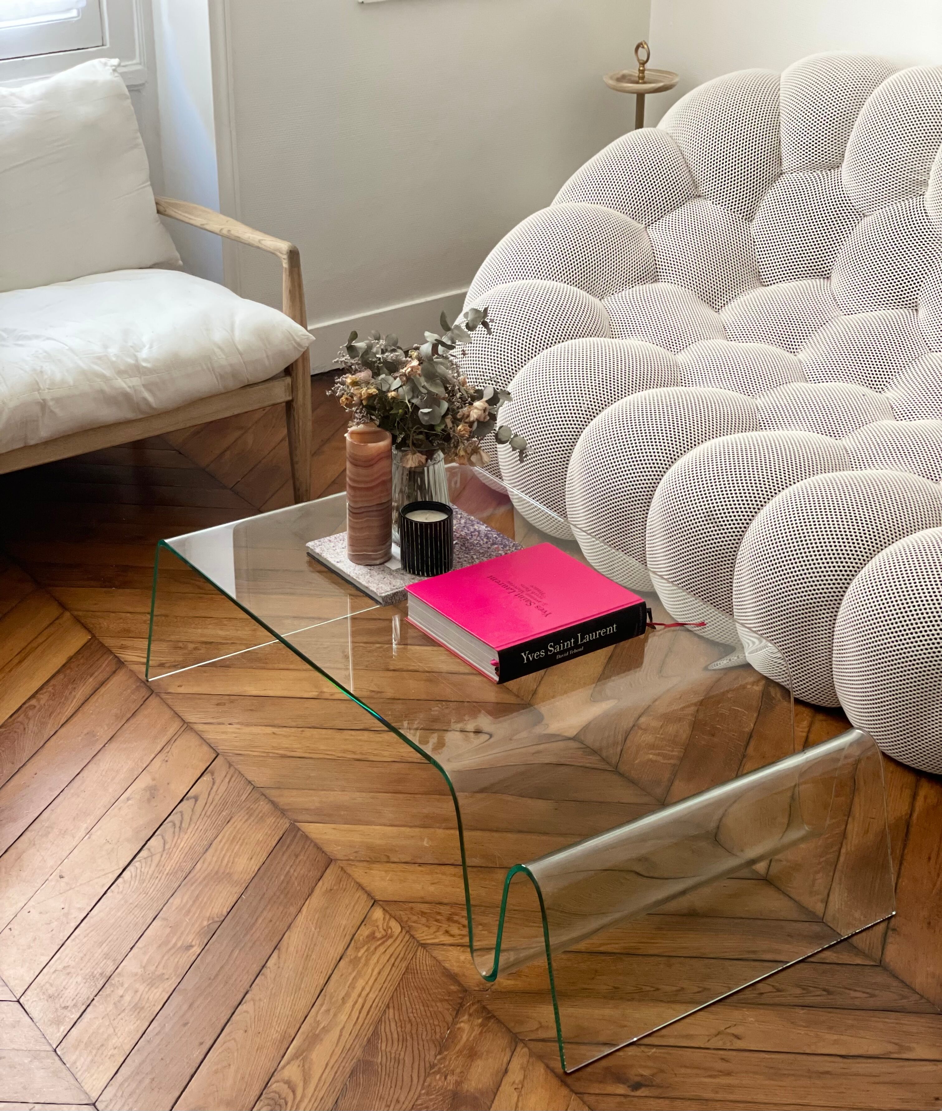 Vintage coffee table in curved corrugated tempered glass minimalist design