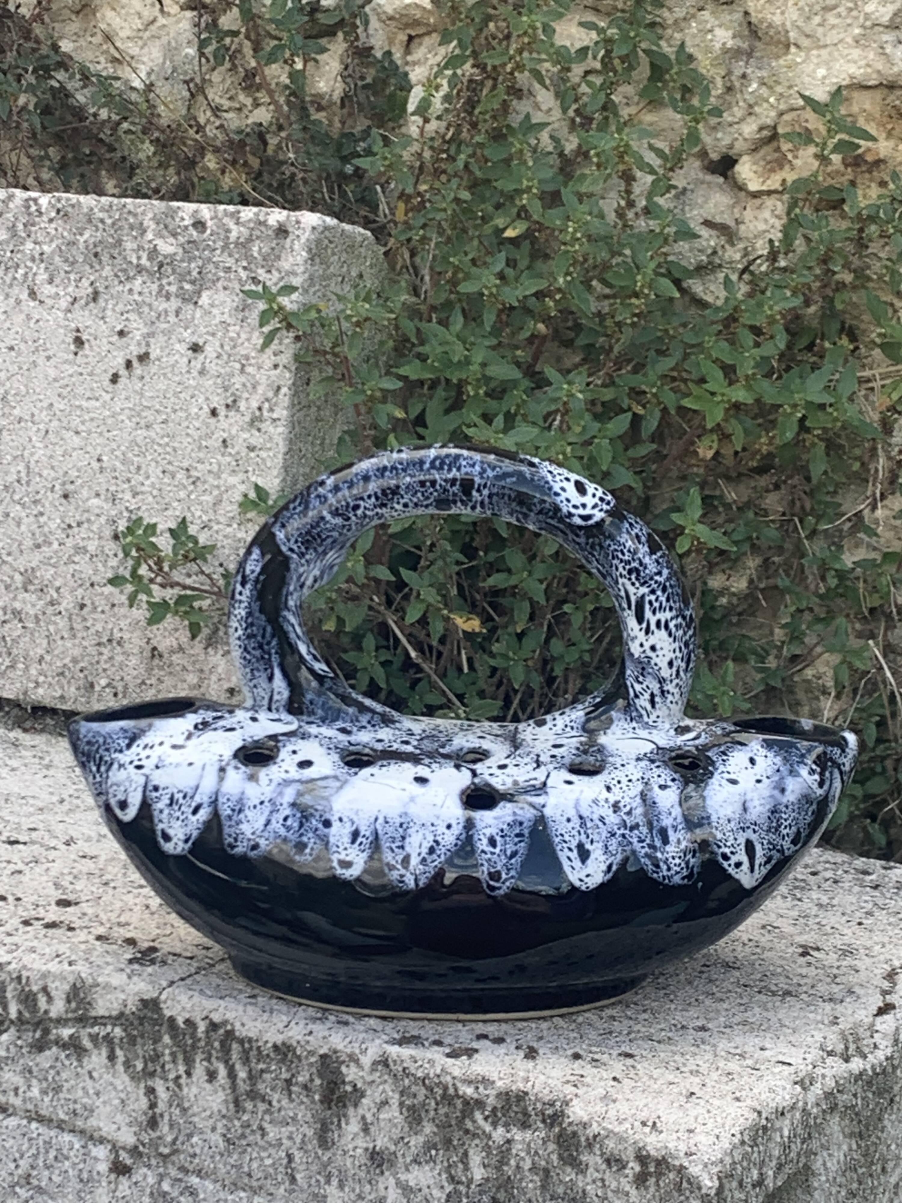 Midnight blue and white glazed ceramic flower pick, 1960/1970, vintage