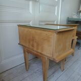 Pair of vintage bedside tables in raw wood, mirrored tops.