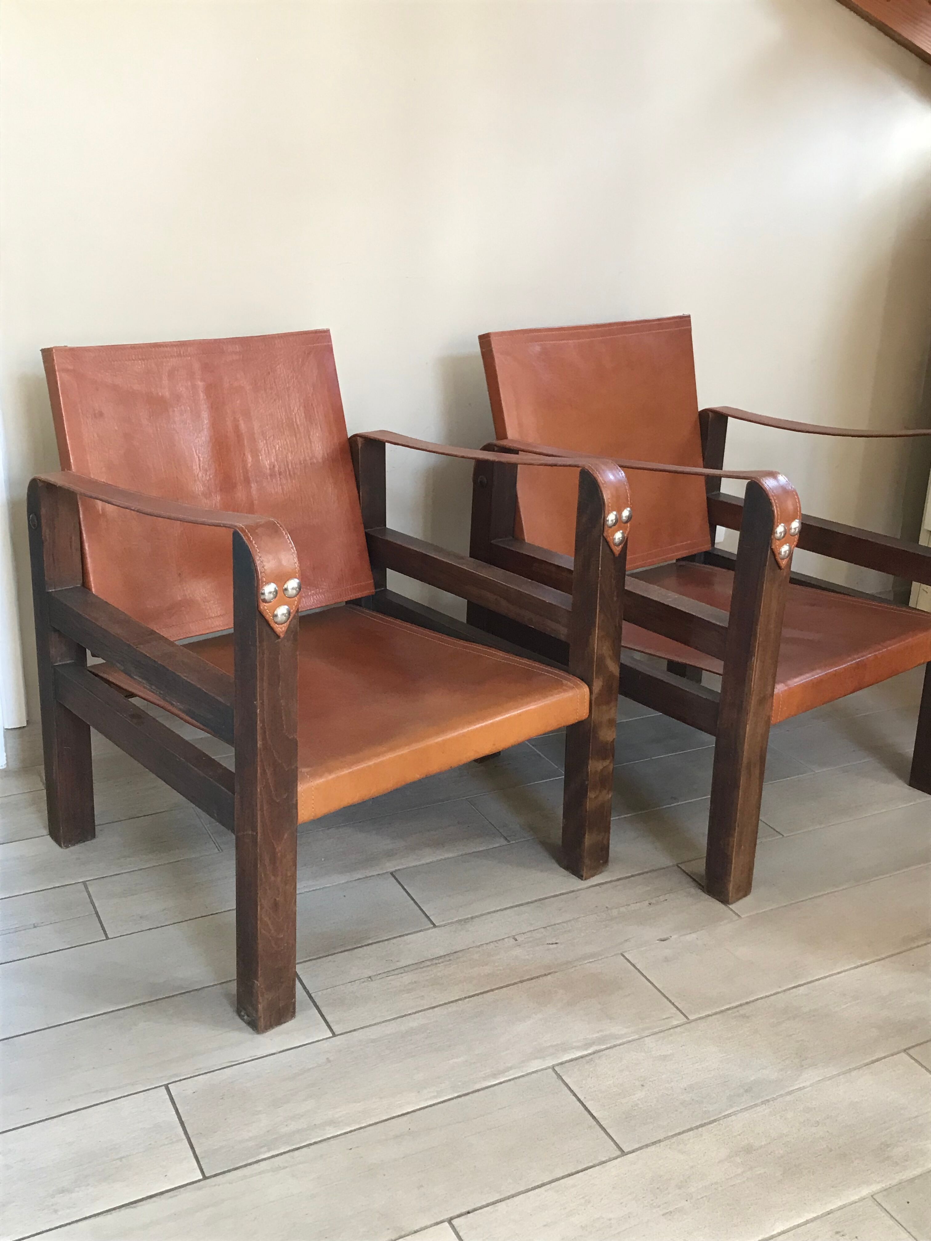 Pair of vintage design safari armchairs 50s