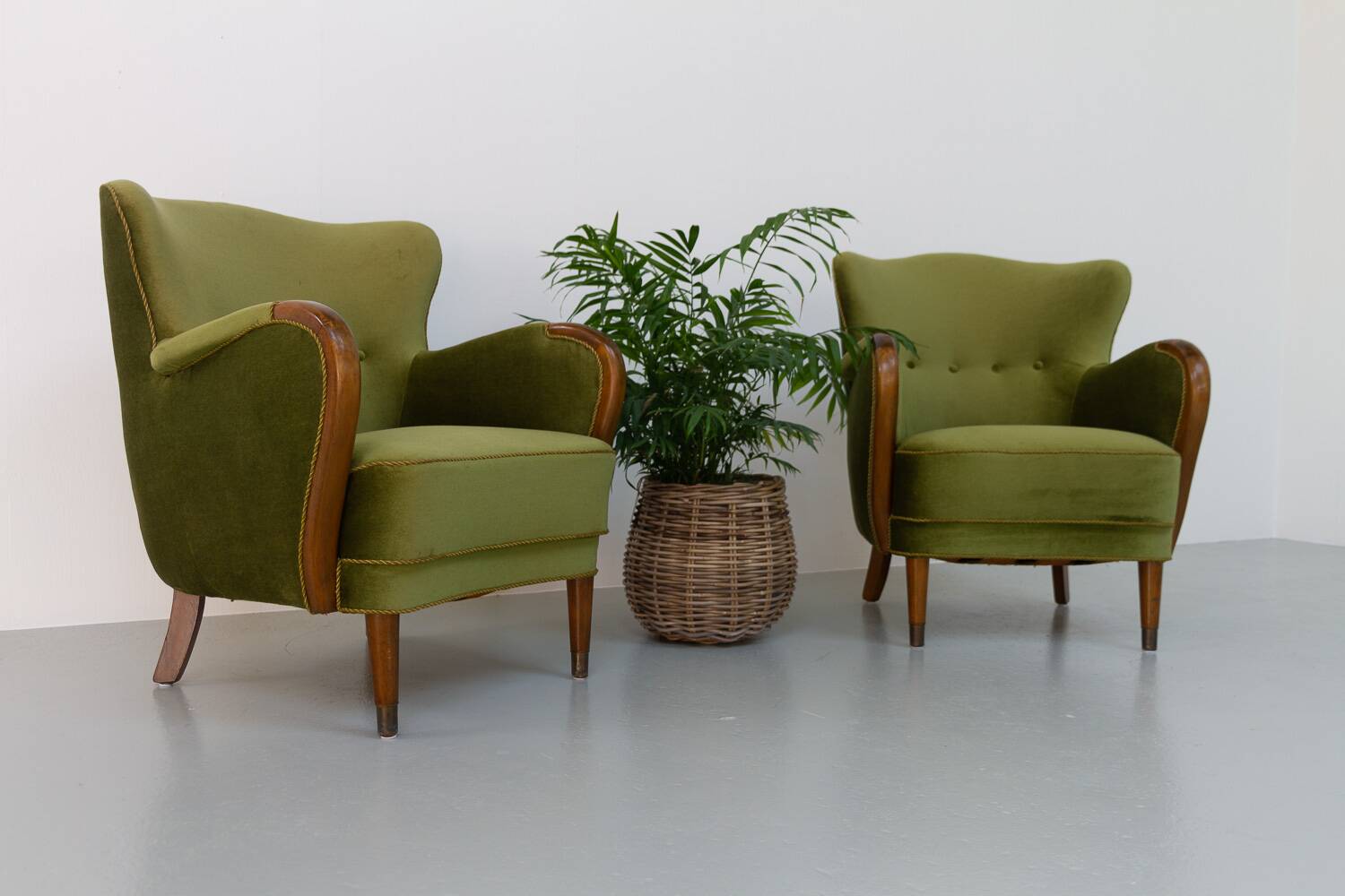 Danish art deco green velvet lounge chairs, 1940s. set of 2