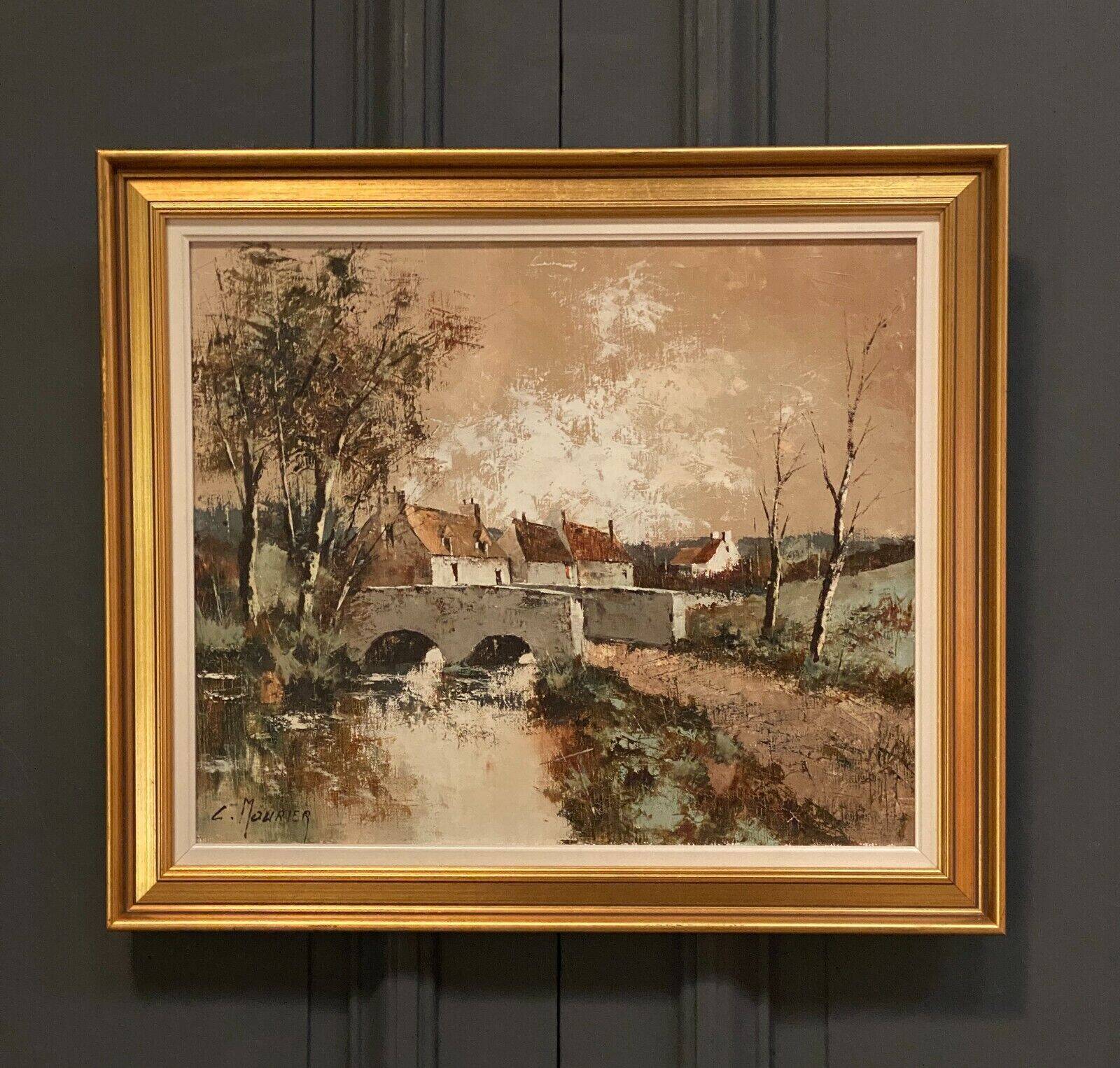 Oil on canvas cottages at the water's edge by Claude Mourier 1980