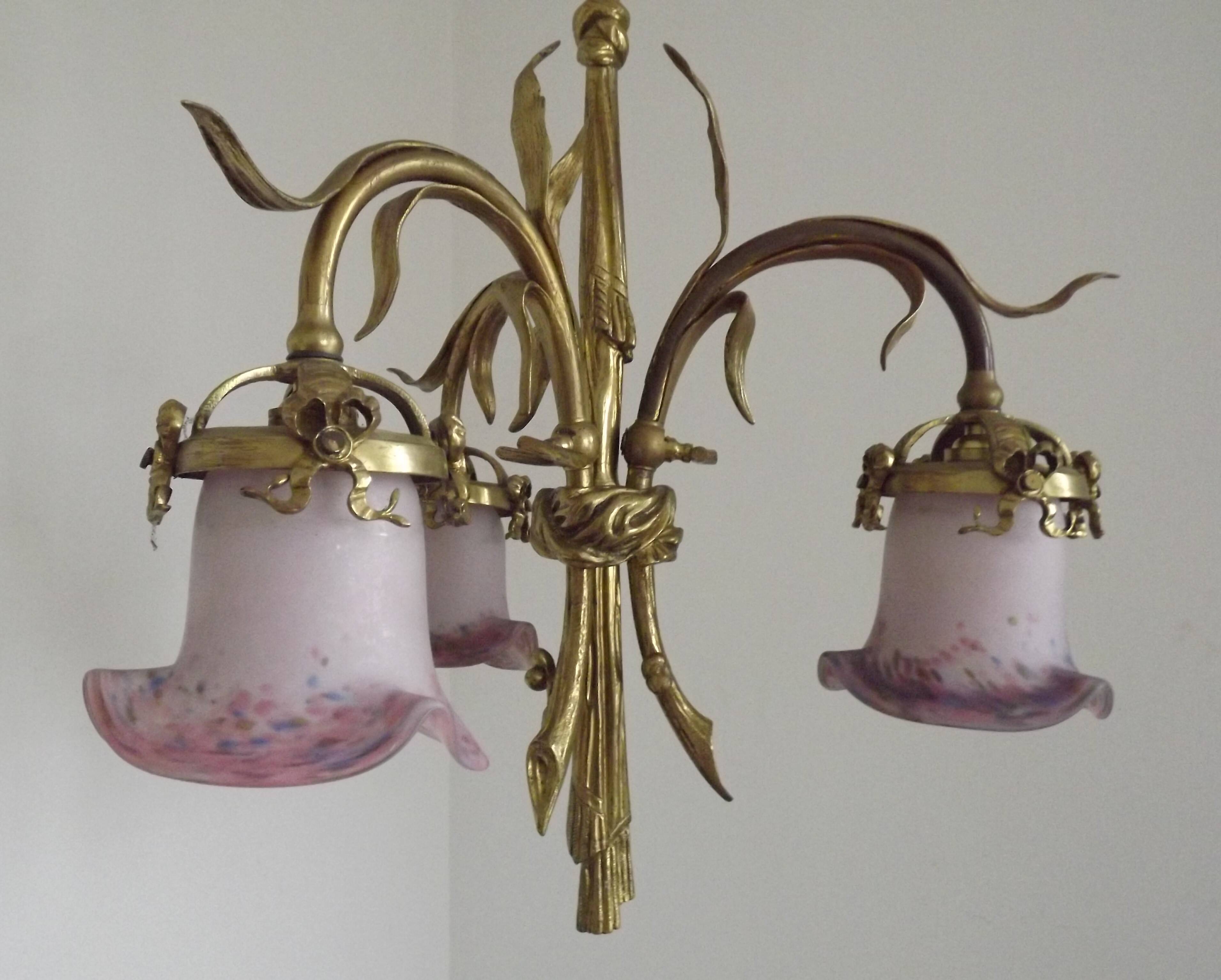 French Antique Late 1800s 3-Light Gilt Bronze Chandelier Art Glass Shades 5089