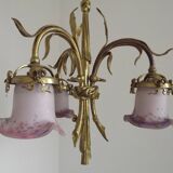 Lustre à 3 lumières en bronze doré, abat-jour en verre d'art 5089