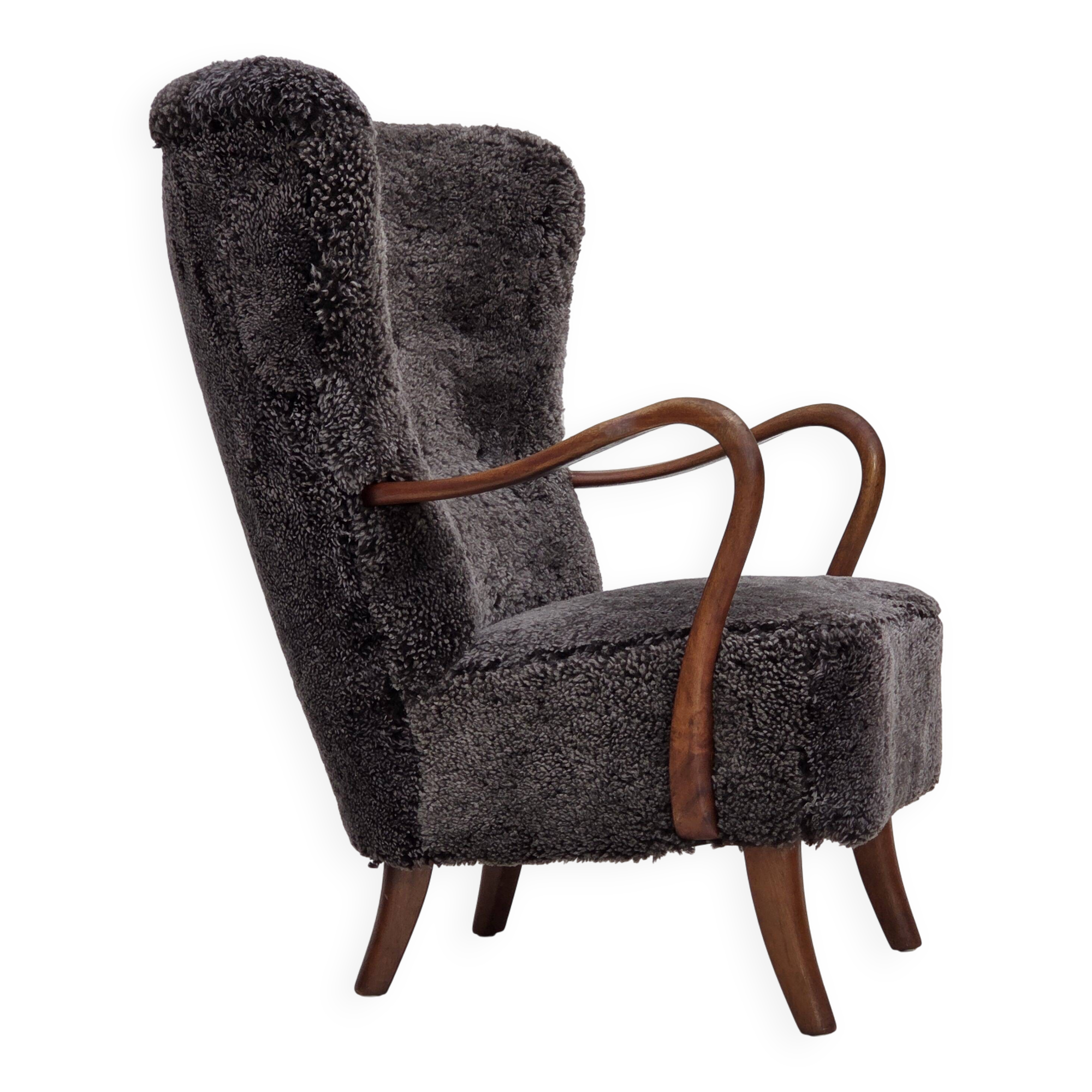 1960s, Danish armchair, reupholstered, genuine sheepskin.