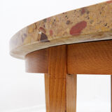 Round wooden coffee table with Aleppo breccia marble top - 1950s