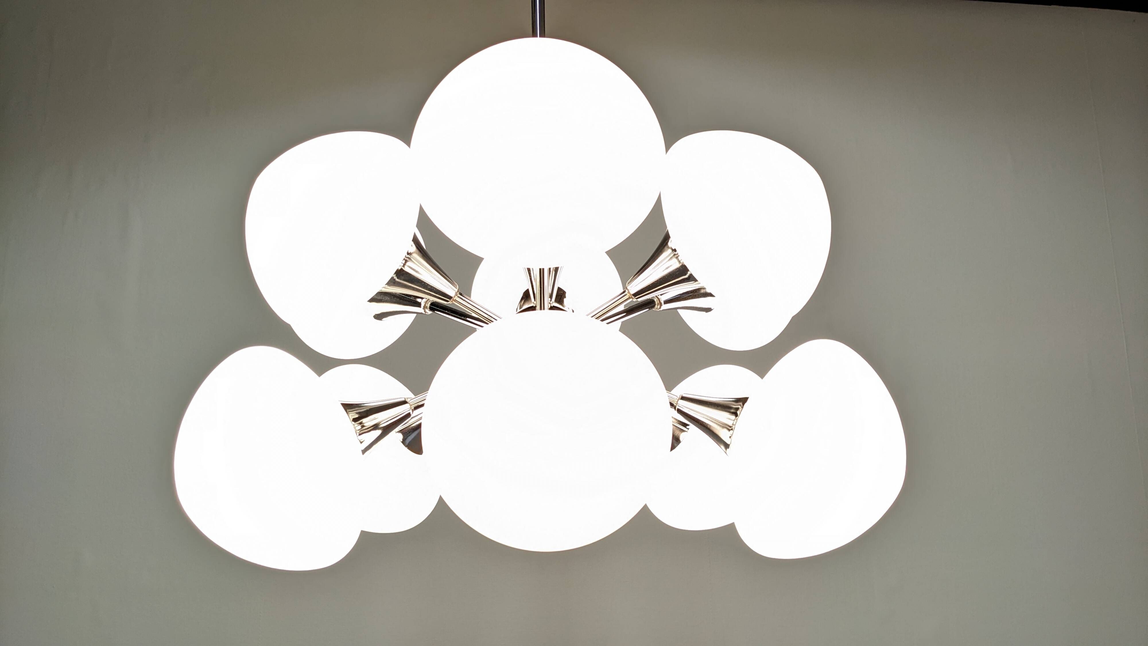 Sputnik chandelier with 12 frosted glass lights, Italy circa 1970.