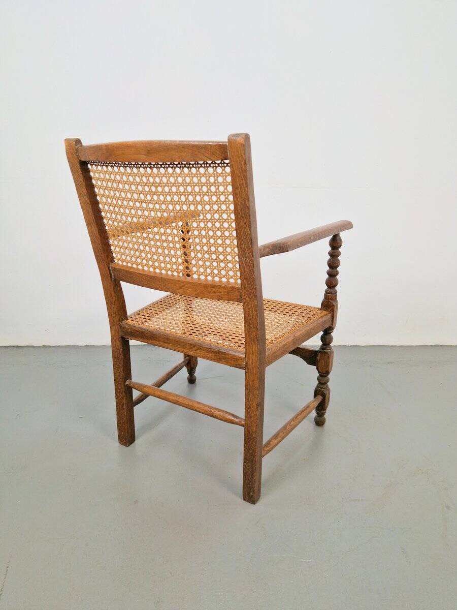 Arts & Crafts Dutch Spool Chair in Oak and Rattan, 1930s