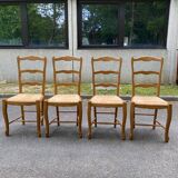 4 Louis XV chairs in solid blond oak and straw wood with shell sculptures