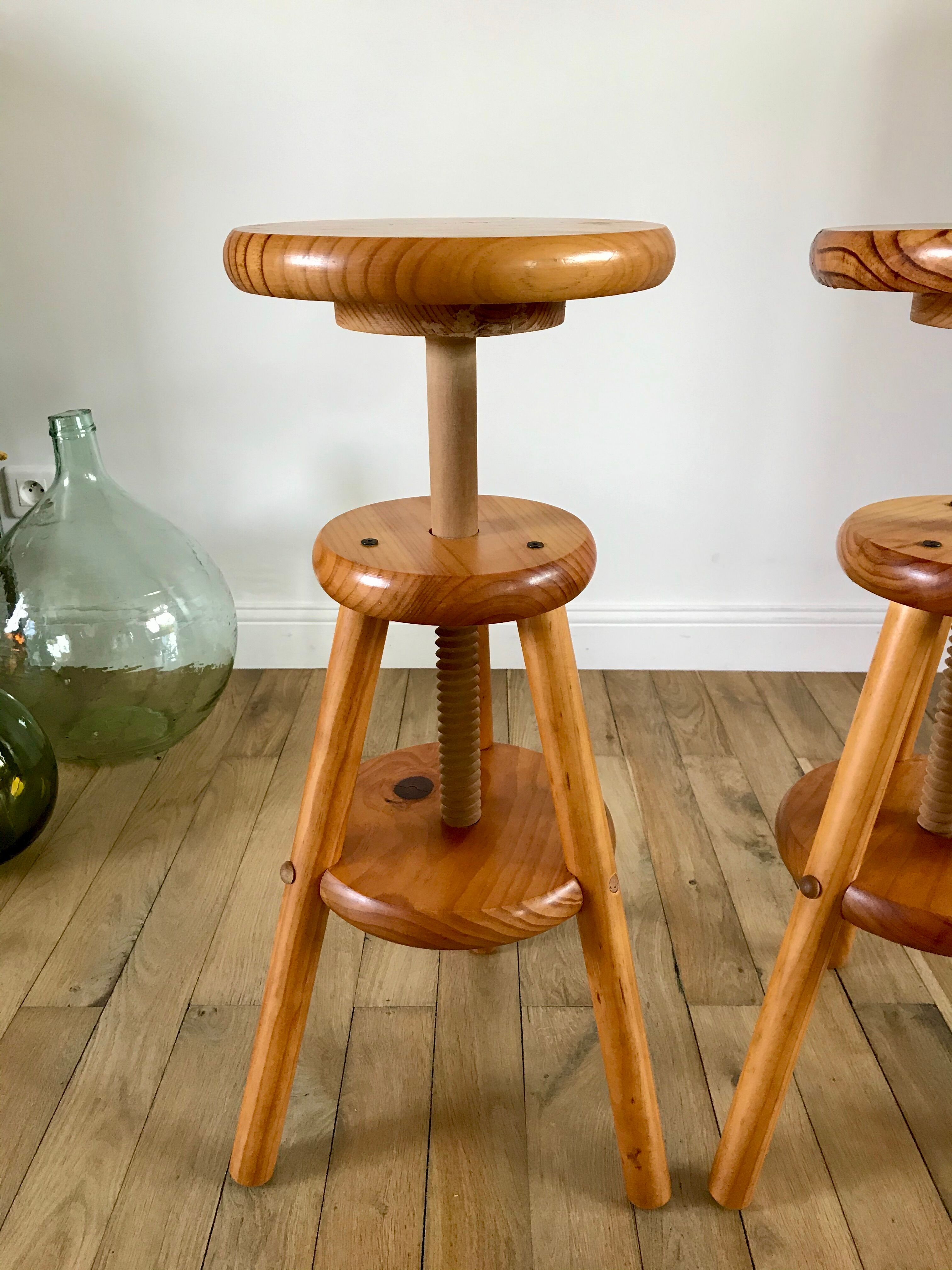 pair of adjustable architect stools pine style 60s