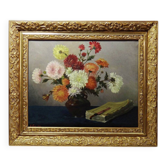 Oil painting on canvas, still life with chrysanthemums, signed L.Porte 1888.