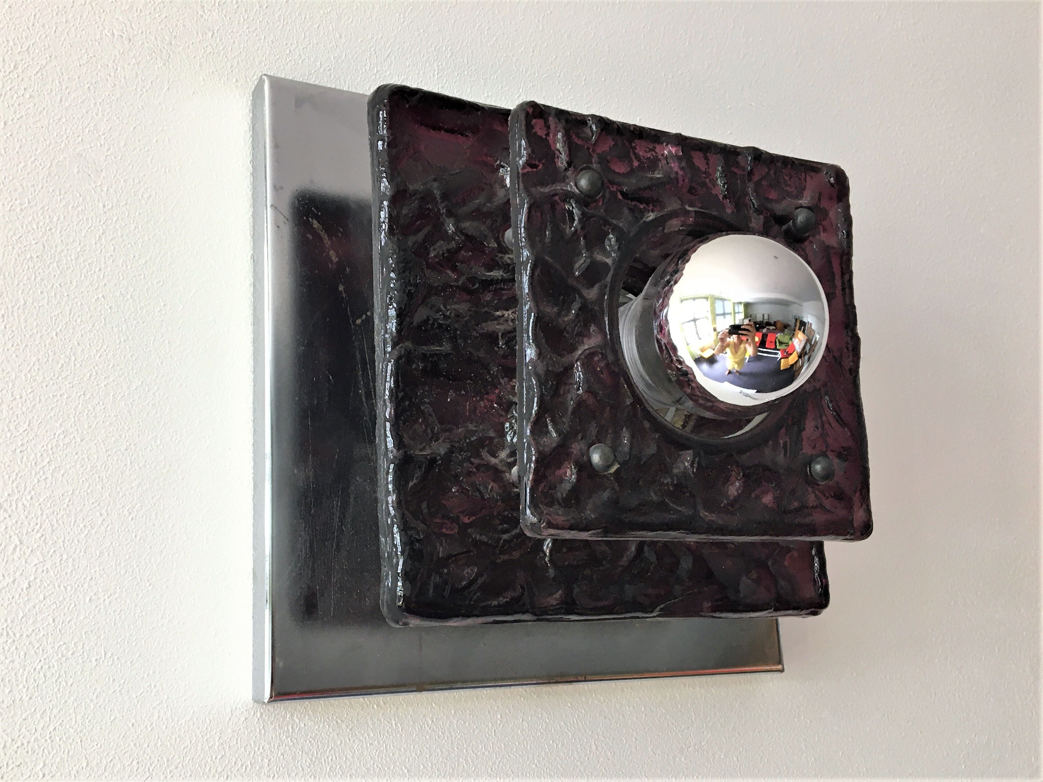 Set of 2 vintage square glass and chrome wall lamps, 1970s