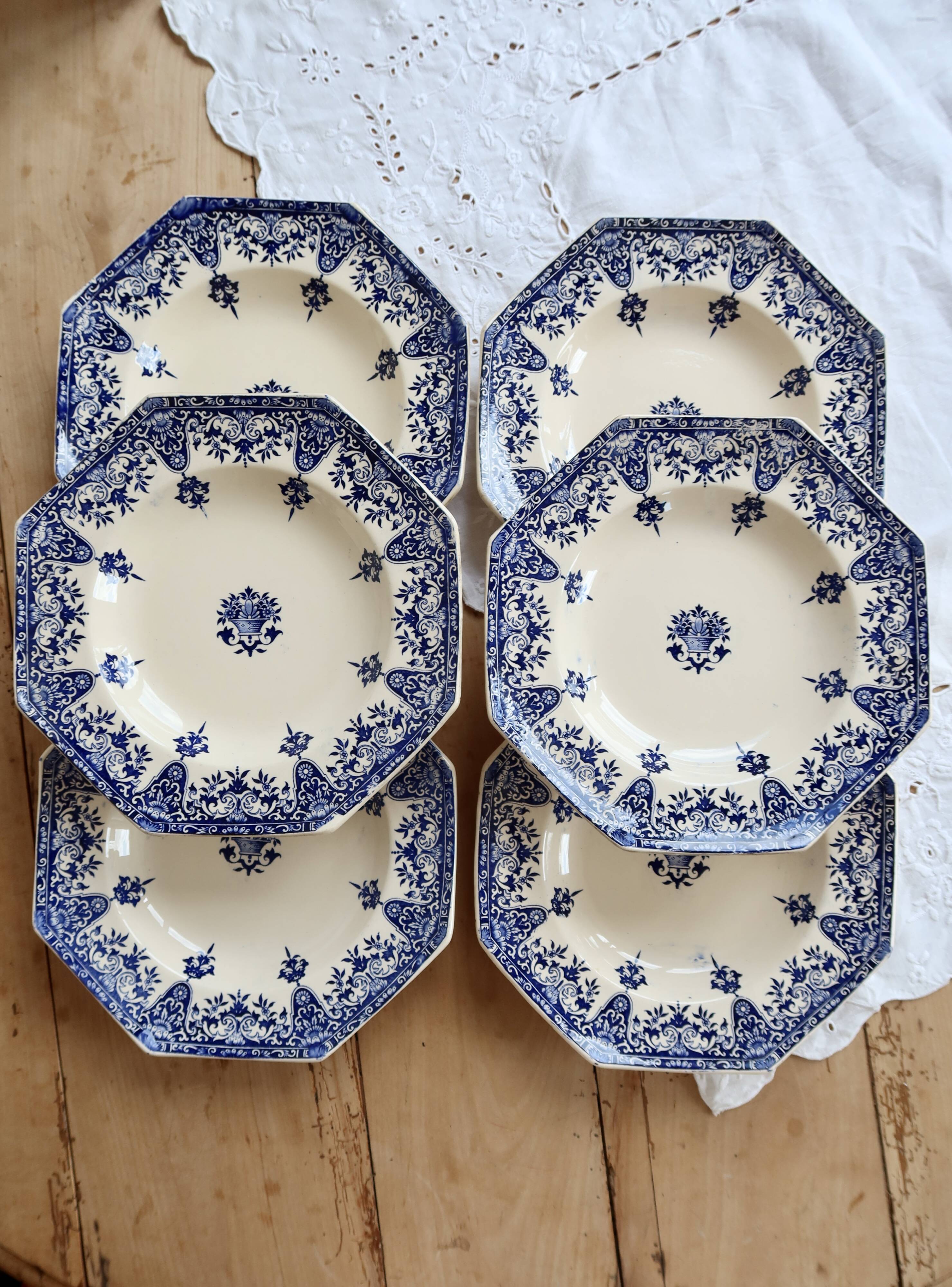 6 assiettes creuses terre de fer Longchamp Rouen XIXe siècle