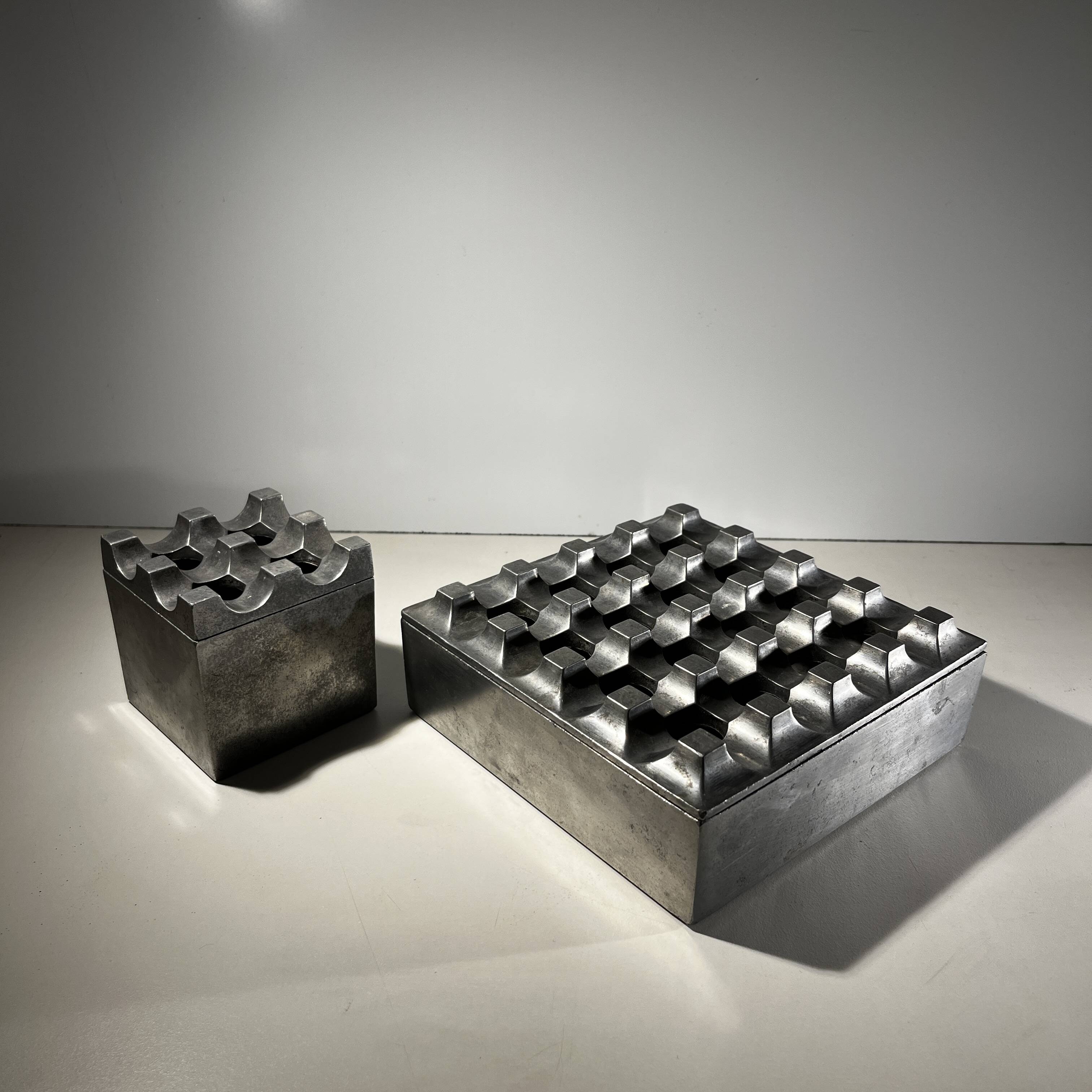 "Ultima15" set of 2 brutalist ashtrays, cast aluminum, ca 1970