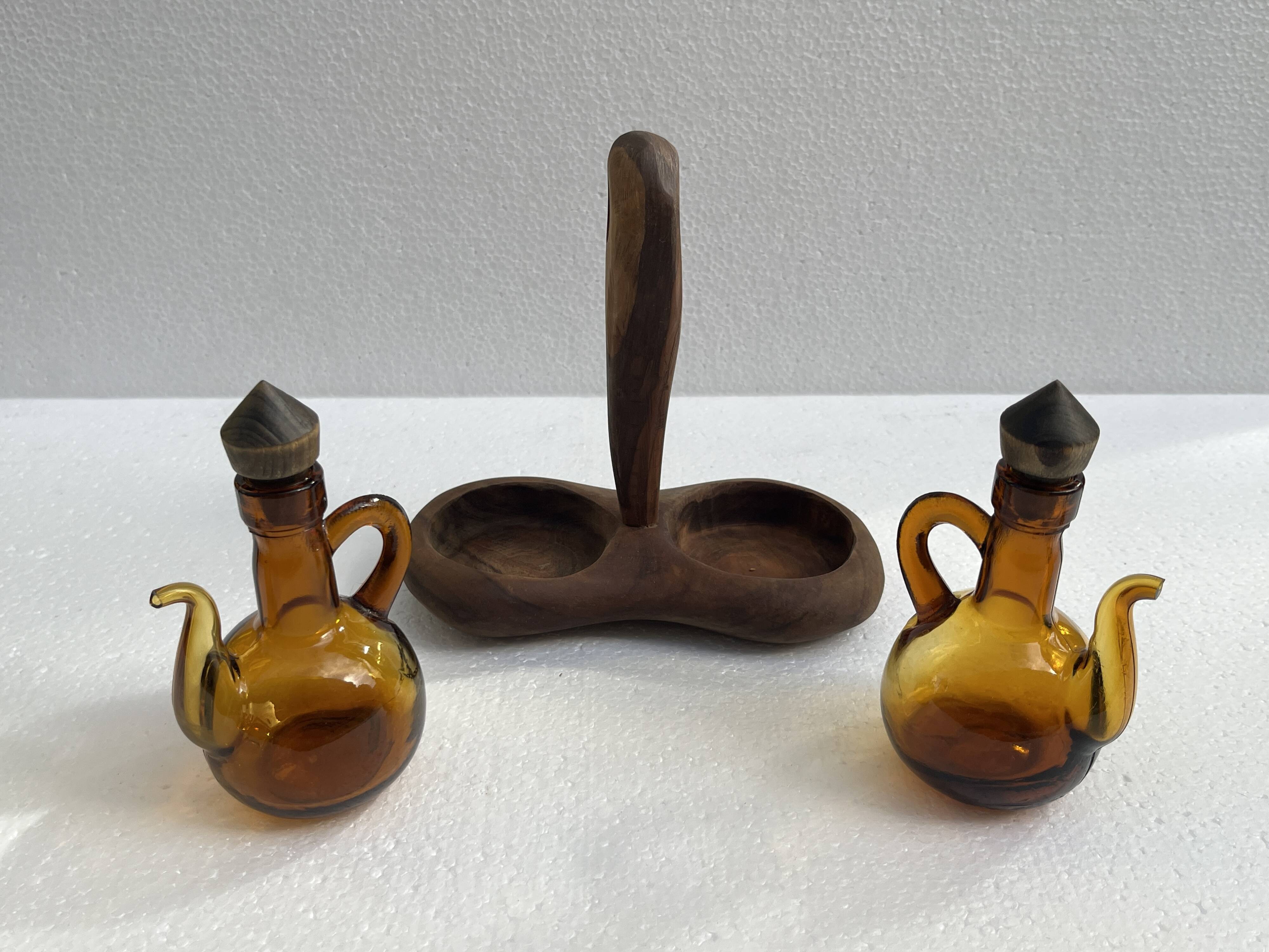 Oil and vinegar server amber glass and olive wood