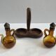 Oil and vinegar server amber glass and olive wood