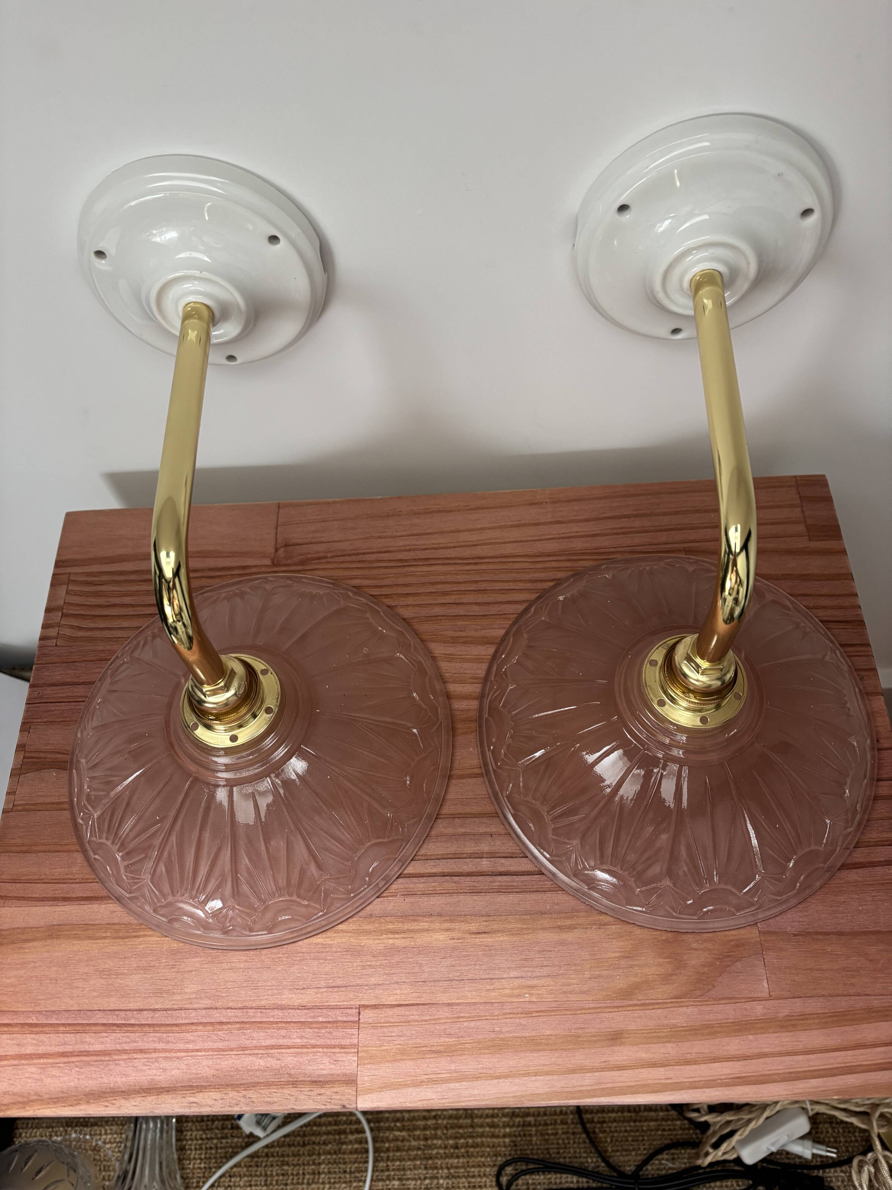 Vintage pink Art Deco glass wall lights