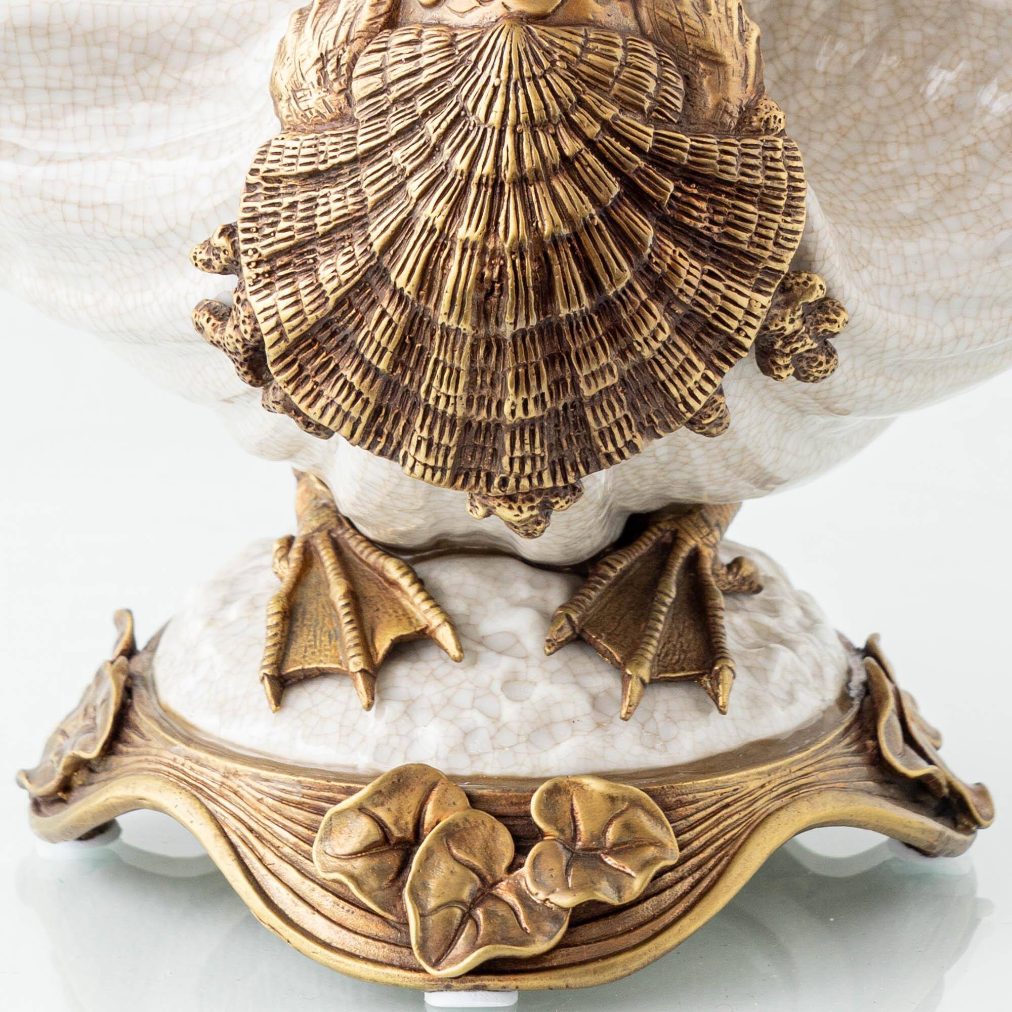 Sculptural Art Nouveau Swan Coupe in Crackled Glazed Porcelain and Gilded Metal