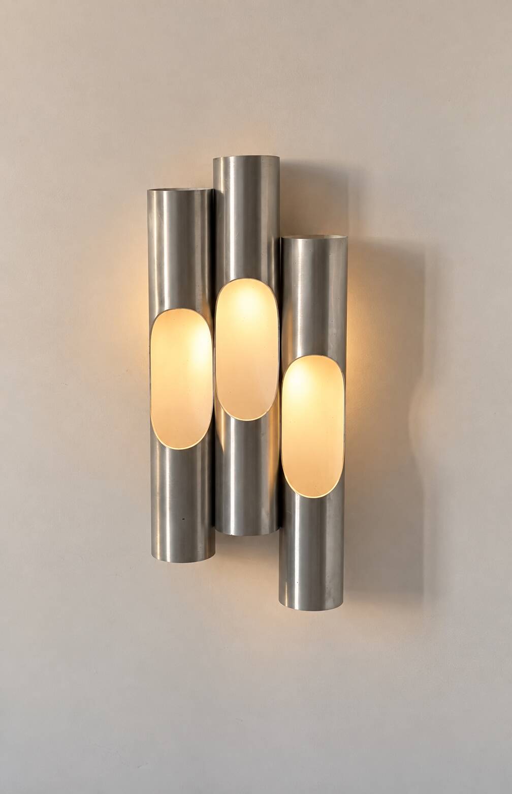 Set of 3 vintage Fuga wall lights by Raak, brushed aluminium, Netherlands 1970.