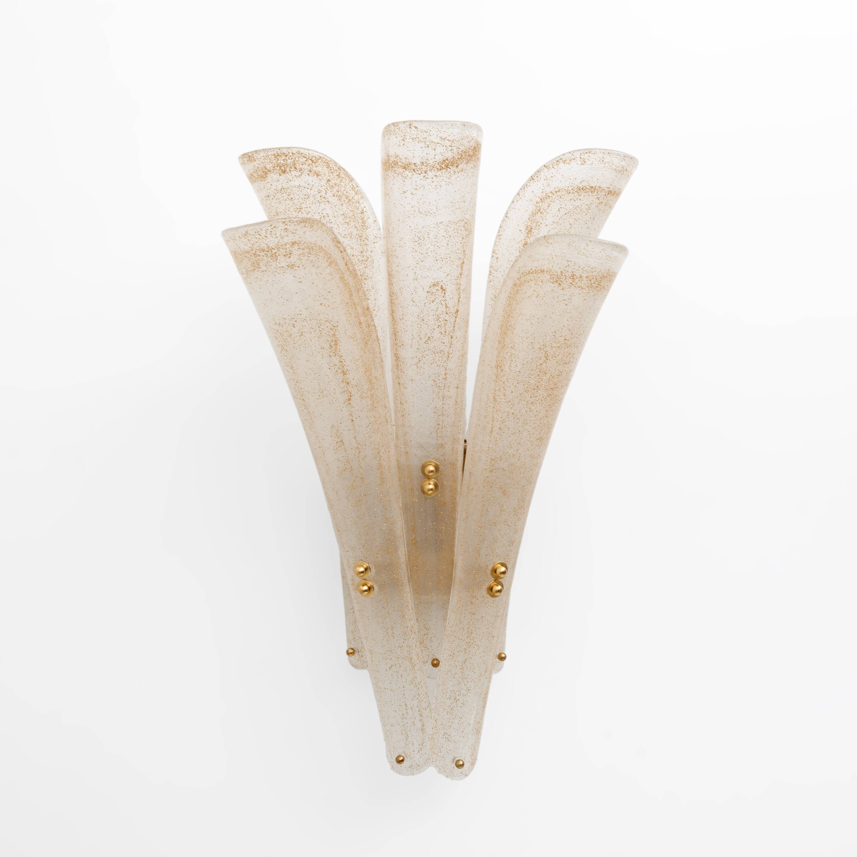 Pair of 20th Century Modern Sconces in Frosted Murano glass and Gold Leaf