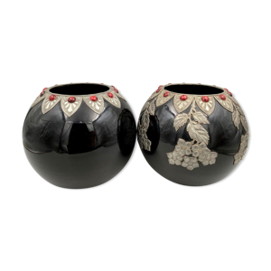 Paire de vases art deco 1930 fond noir verre feuillage fleurs cabochons