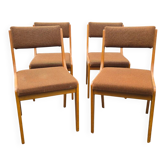 Suite de 4 chaises traîneau vintage en bois blond et tissu brun – années 60