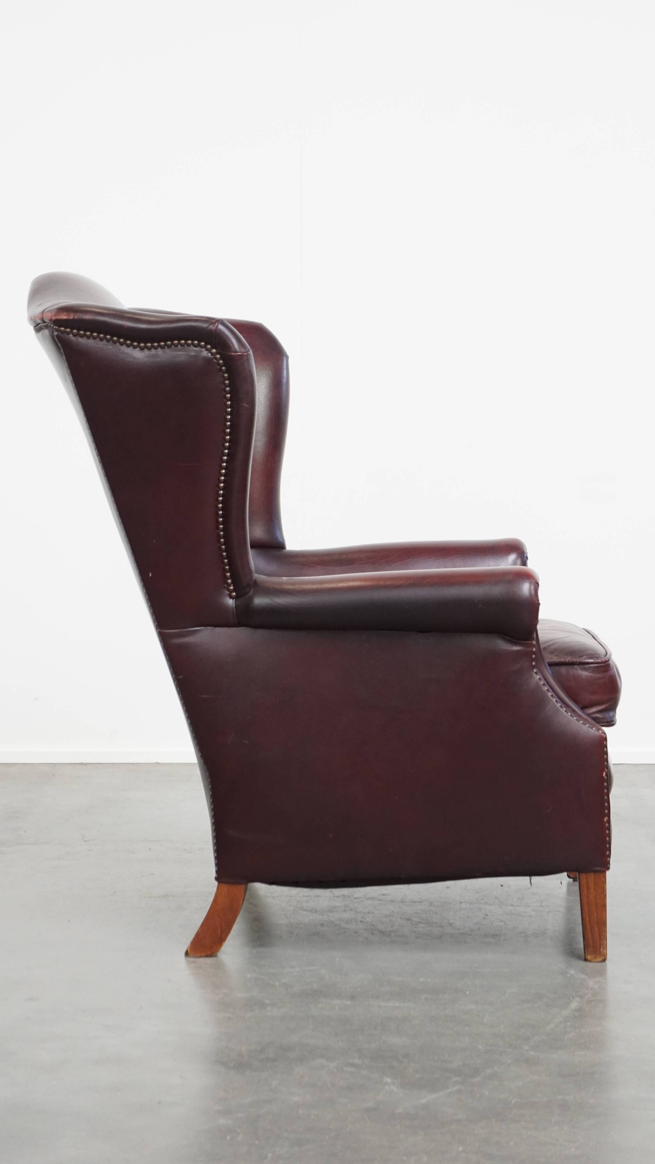 Bordeaux Red Cowhide Wingback Chair in English Style
