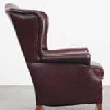 Bordeaux Red Cowhide Wingback Chair in English Style