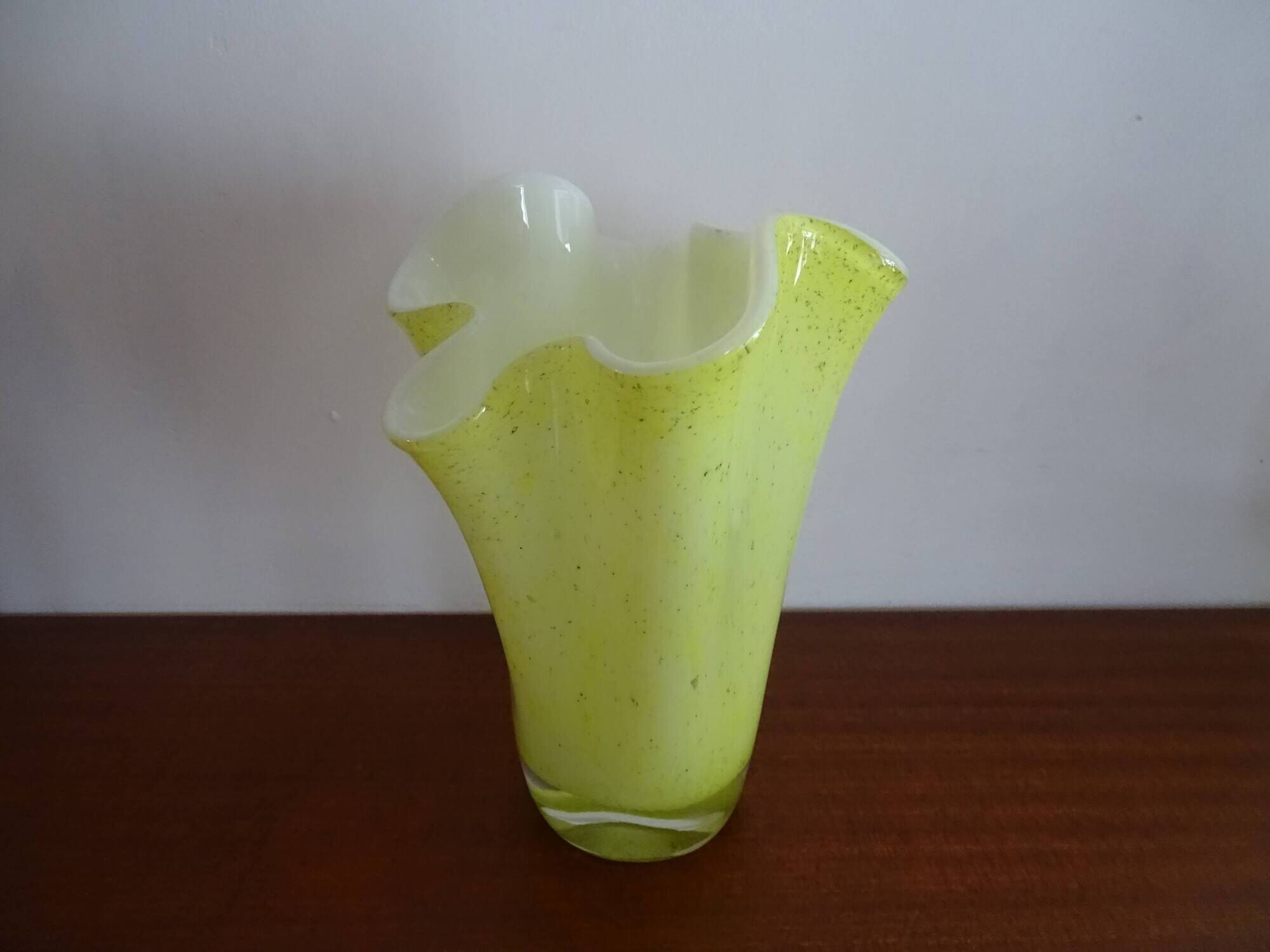 Vintage 1960s murano glass handkerchief vase, yellow and white speckled