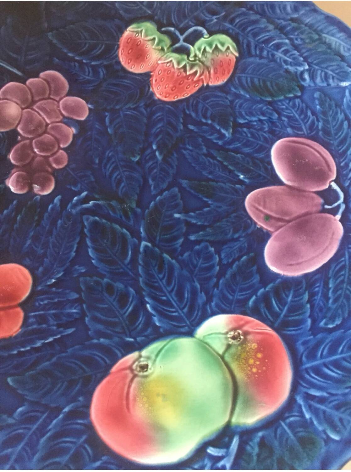 Large Sarreguemines blue slipware fruit bowl