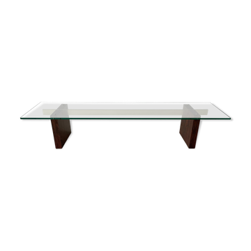 Mid-century minimalist thick glass coffee table, rosewood legs, 1960, Germany.
