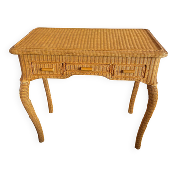 Bureau console en rotin pieds galbés 1970