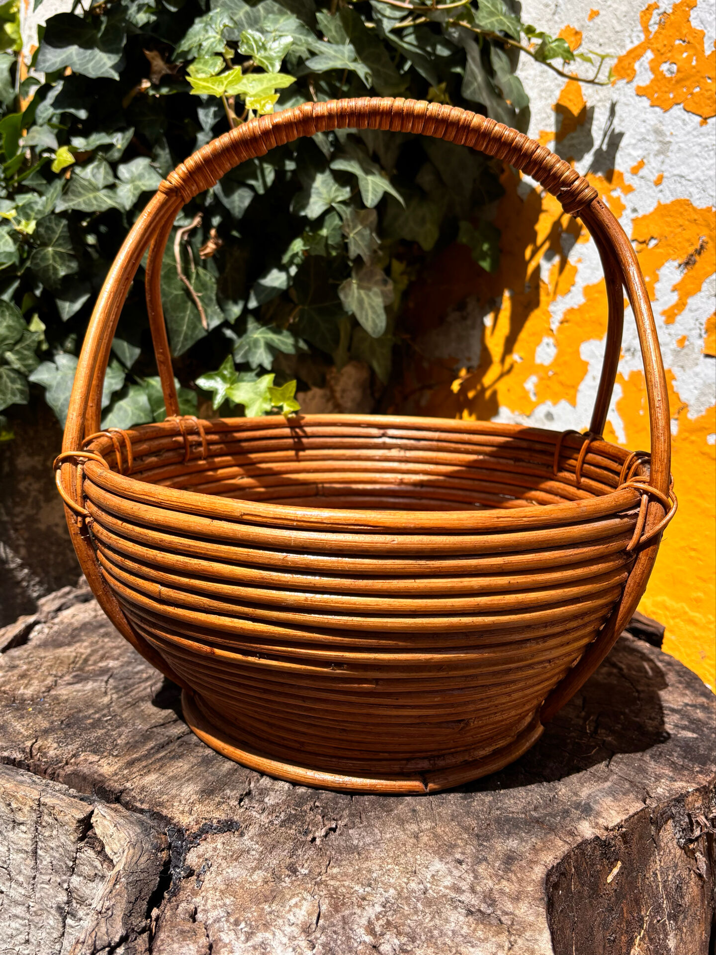 Rare wrapped rattan basket, in the style of Gabriella Crespi / Vivai del Sud.