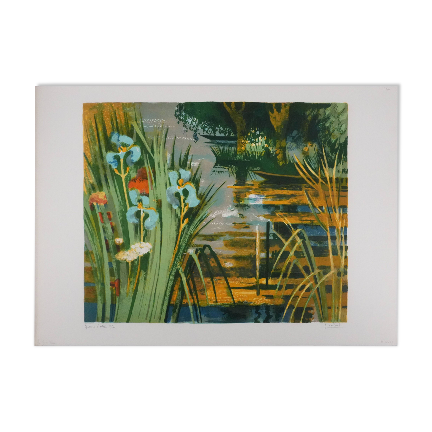 Paul Collomb: The blue irises, original signed lithograph.