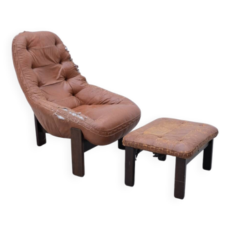 Armchair and ottoman by jean gillon for probel in leather and teak, brazil 1970