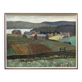 Mid-Century Modern "Quiet Country" Vintage Swedish Expressive Landscape Oil Painting, Framed