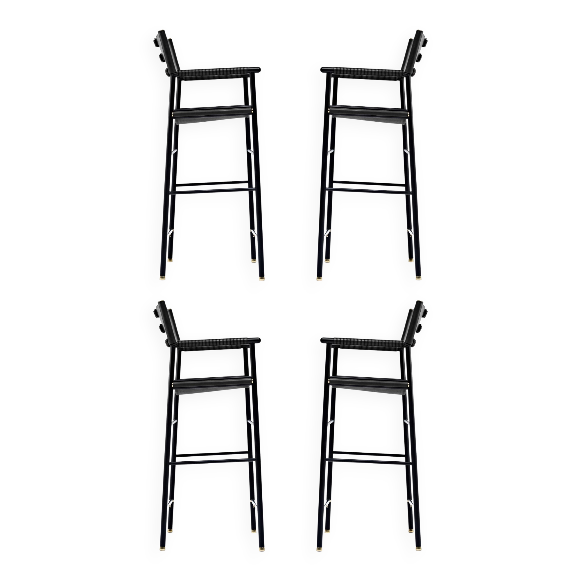 Set of 4 contemporary bar stools with black leather backrest and black rubber metal.