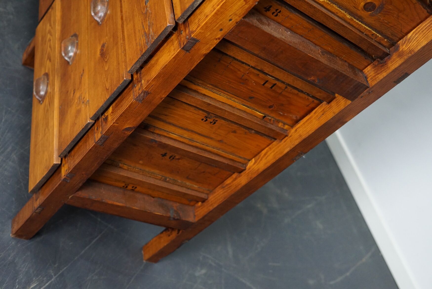 Dutch pine industrial apothecary cabinet, 1950s