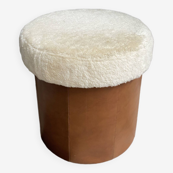 Brown Leatherette pouf with fluffy top lid 1970s