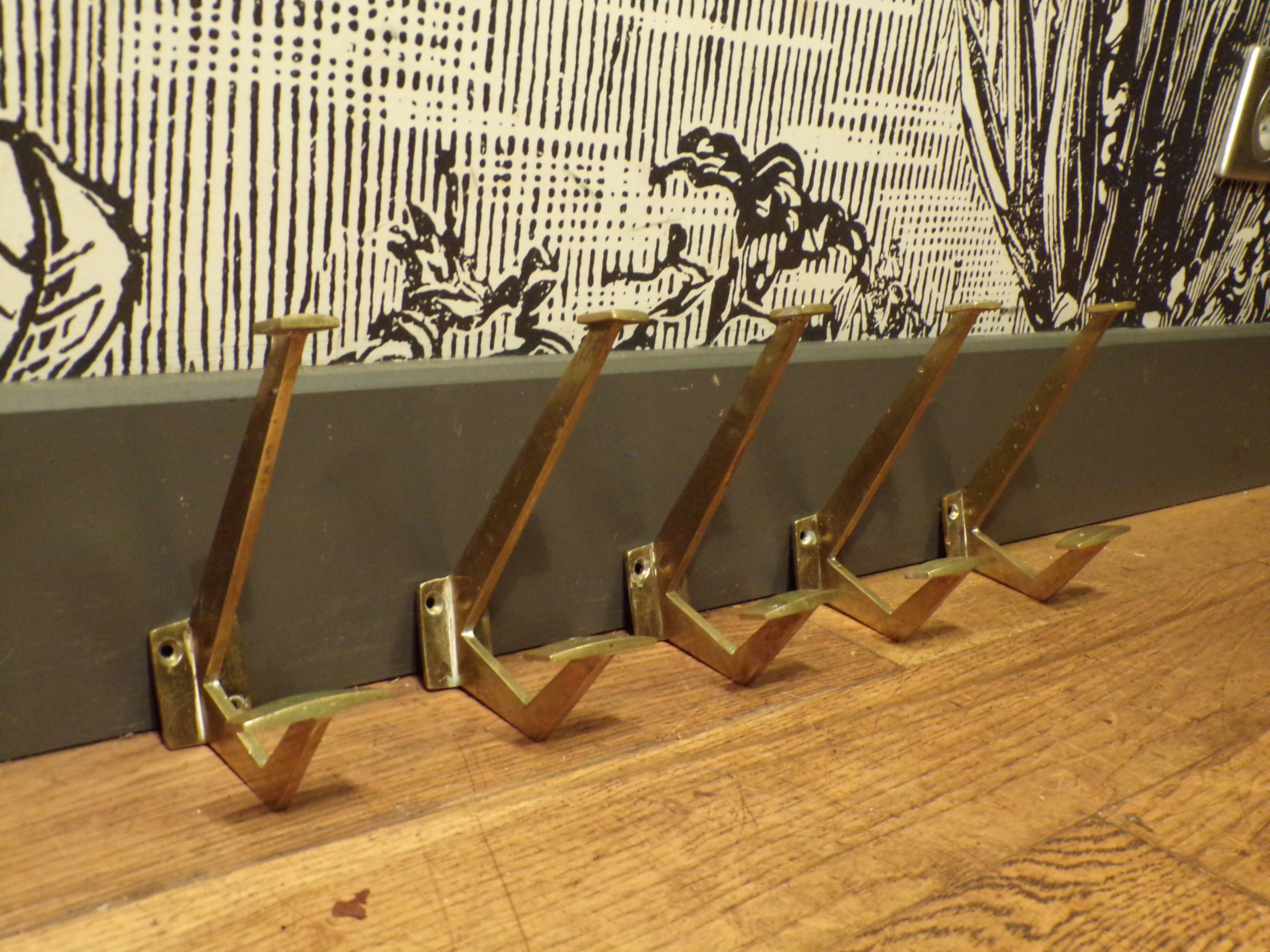 set of 5 1930 brass coat hooks