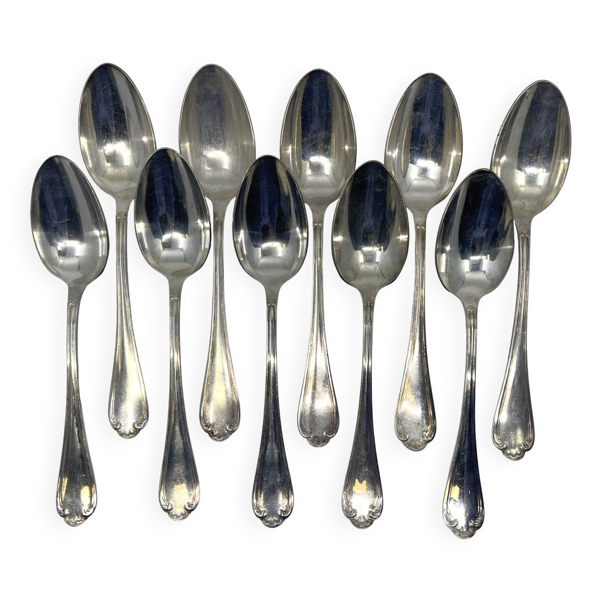 Set of 10 silver-plated soup spoons in Louis XV pattern.