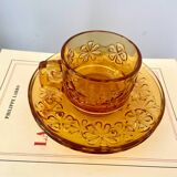 Set of two vintage cups and saucers 70s amber glass flowers