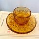Set of two vintage cups and saucers 70s amber glass flowers